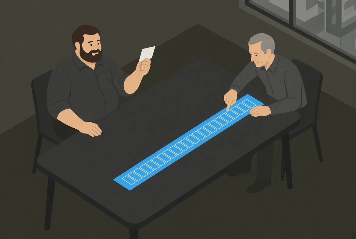 Illustration of two people at a table, one holding a single blank card while the other points partway down a long sequence of steps.
