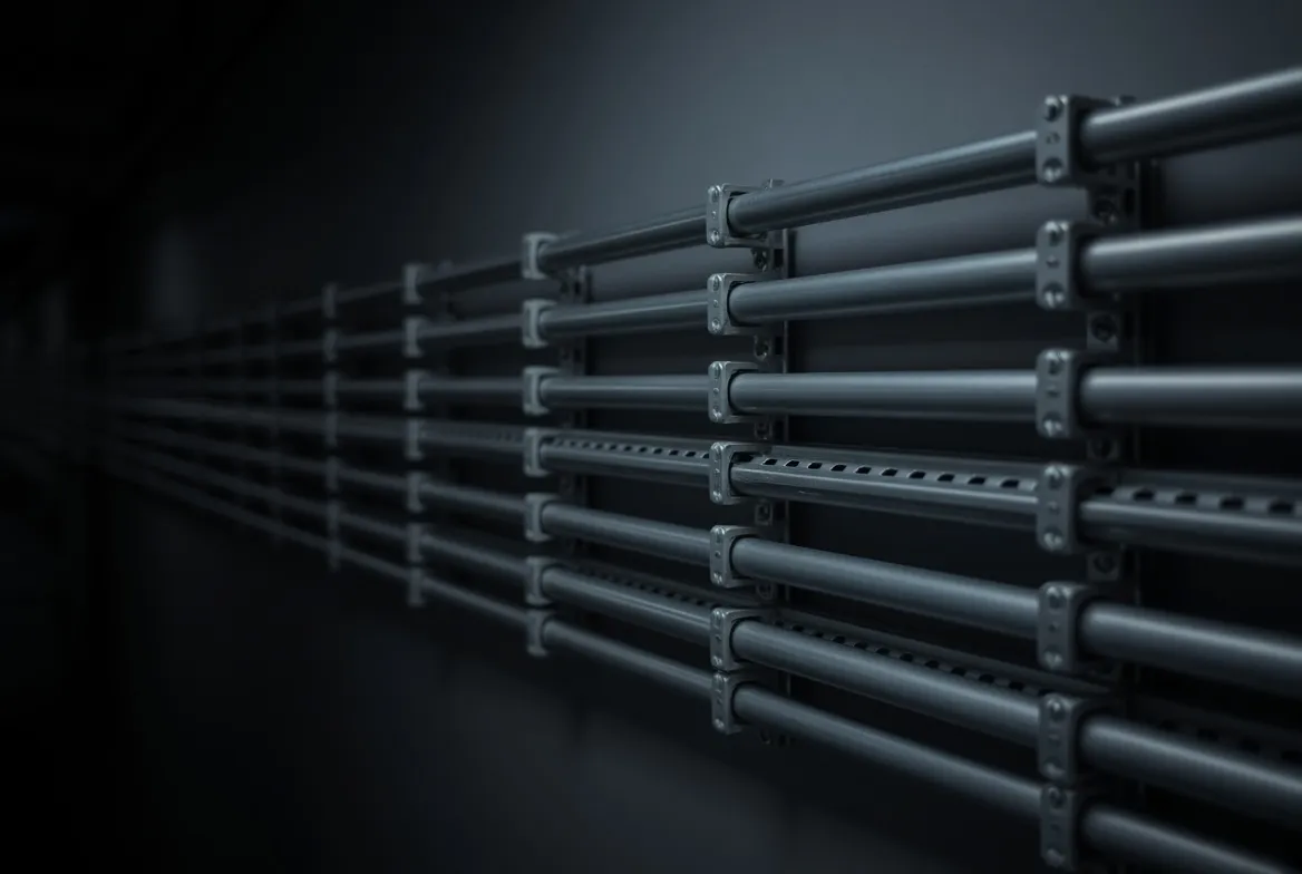 Close detail of neatly organised conduit running along a dark wall, receding into shallow focus.