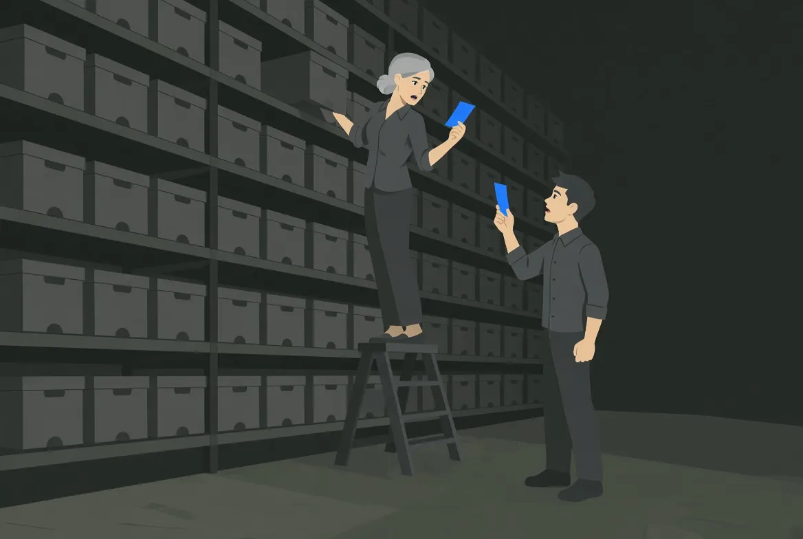 Illustration of two colleagues at a tall shelf of storage boxes, each holding an identical note.