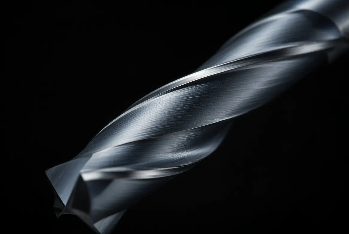 Extreme macro of a carbide end mill, light catching the cutting edge and flutes against darkness.