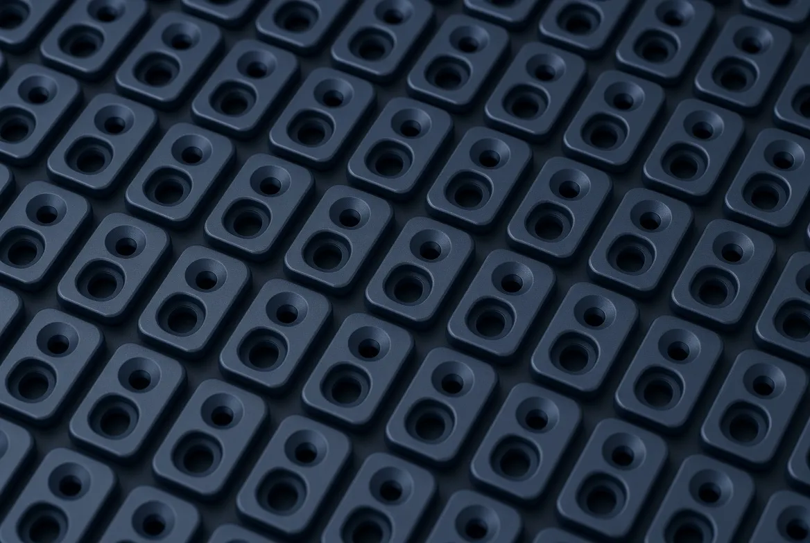 Tight overhead crop of identical anodized aluminium parts arranged in rows in a shallow tray.