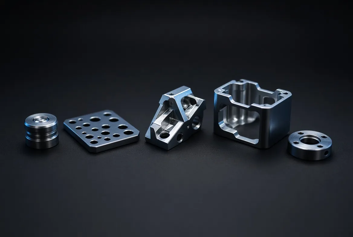 Five dissimilar machined prototype parts of varying geometry and finish, spread across a dark surface.