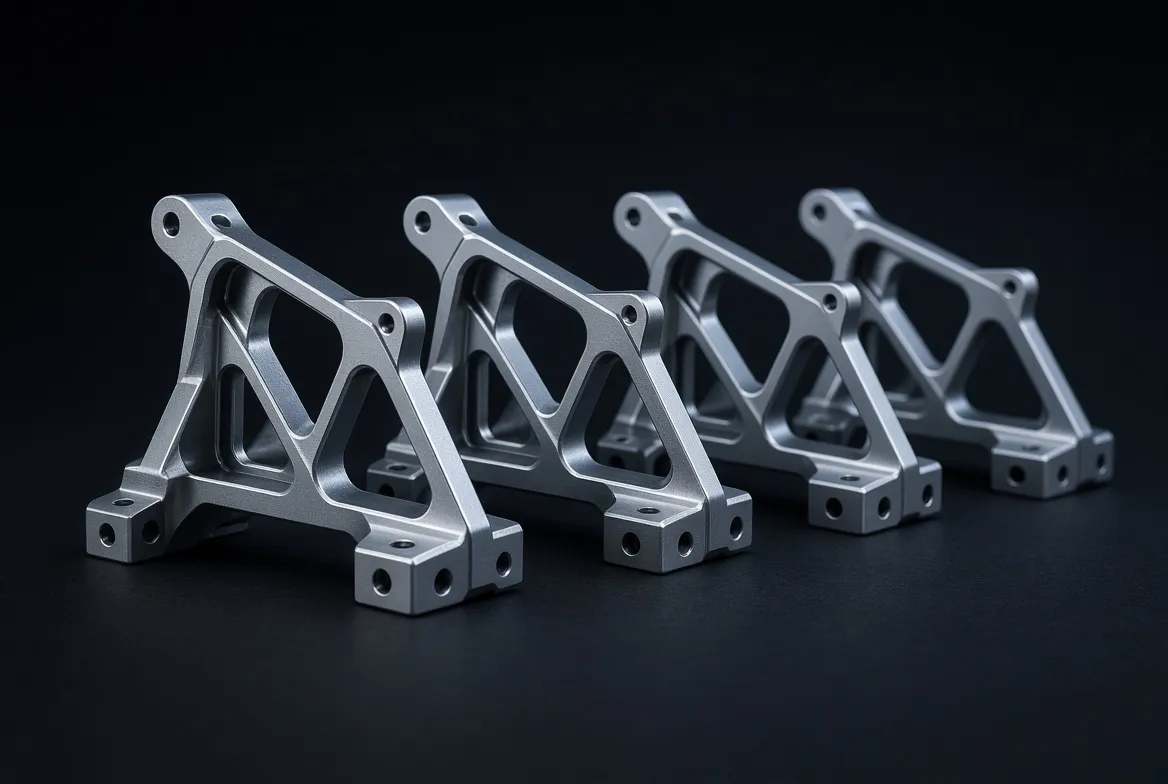 Four machined aluminium aerospace brackets with triangular truss geometry and lightening pockets, arranged in a receding row.