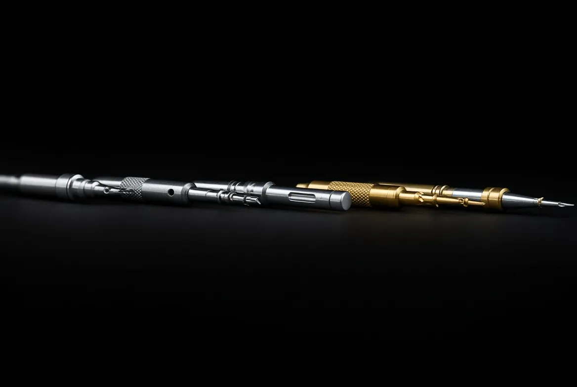 A slender precision surgical instrument in stainless and titanium, lit against black.