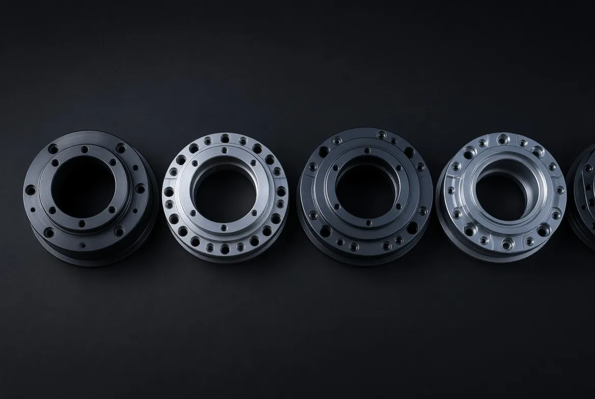 A row of cylindrical machined actuator housings with large central bores and precise bolt circles, seen straight on.