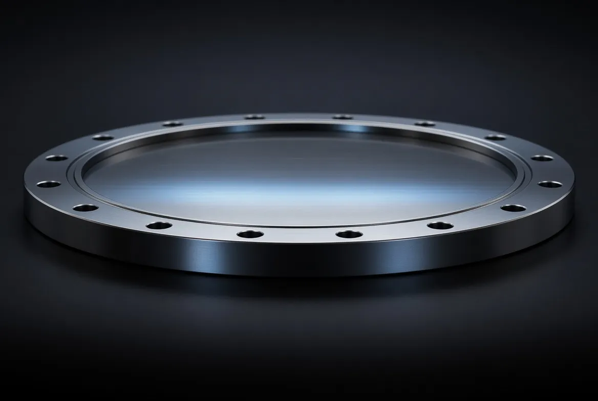 A mirror-polished vacuum chamber flange with an O-ring groove and a ring of bolt holes, lit across its sealing face.
