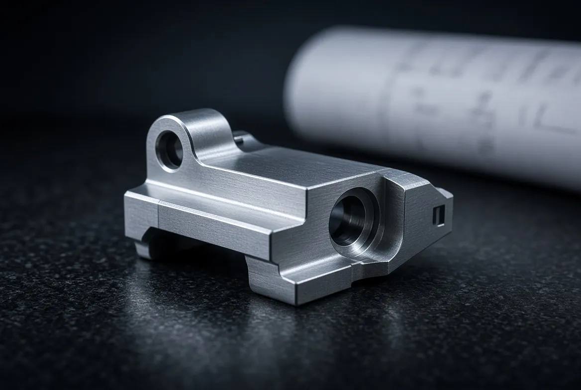 A precision machined aluminium part on a black granite surface plate beside a rolled paper print, out of focus.