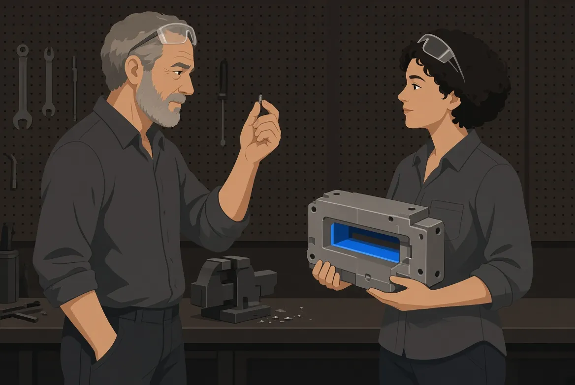 Illustration of two colleagues at a bench, one inspecting a tiny machined part while the other holds a large assembly with a wide open slot.