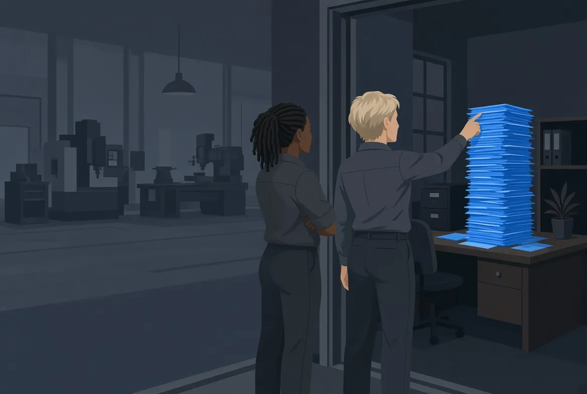 Illustration of two colleagues in a doorway between a calm shop floor and an office desk buried under a tall stack of paperwork.