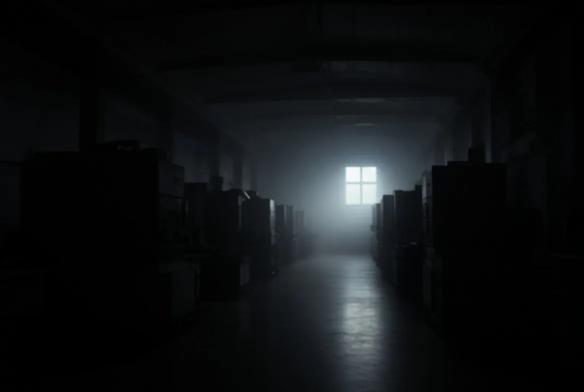 A dark, empty machine shop after hours, machines reduced to silhouettes with one distant window of light.