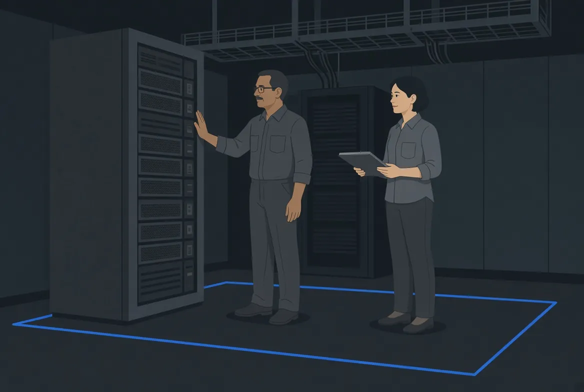 Illustration of two colleagues beside a server cabinet, standing inside a closed blue boundary that nothing crosses.